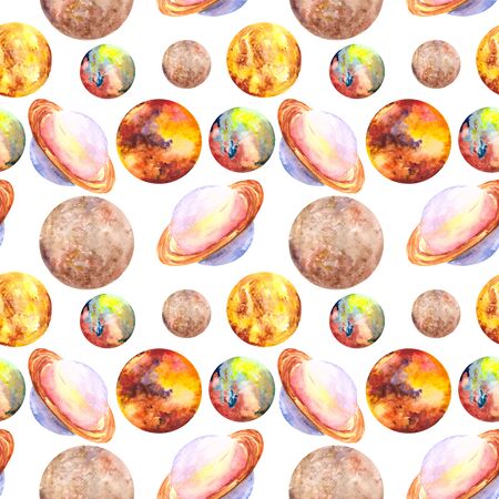 Seamless pattern of space and bright planets: Saturn, Mars, mercury and Venus on a white background. Watercolor illustration for textiles, Wallpapers and colorful backgrounds on the theme of astronomy.の写真素材