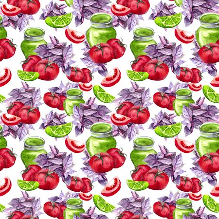 Seamless pattern on the theme of cuisine and cooking with pesto sauce, tomatoes, Basil and lime. Watercolor background for textiles, Wallpaper, packaging, and cookbook design.の写真素材