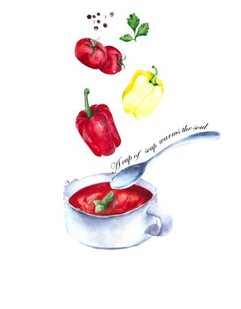 Botanical composition with vegetables and spices on the theme of recipes, cooking and healthy food. Watercolor illustration of a Cup of soup and its ingredients: tomatoes, peppers and parsley. Interesting idea of serving tomato soup.の写真素材