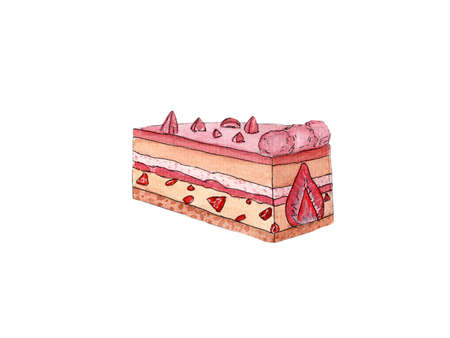 A piece of delicious strawberry cake isolated on a white background. Watercolor drawing for...