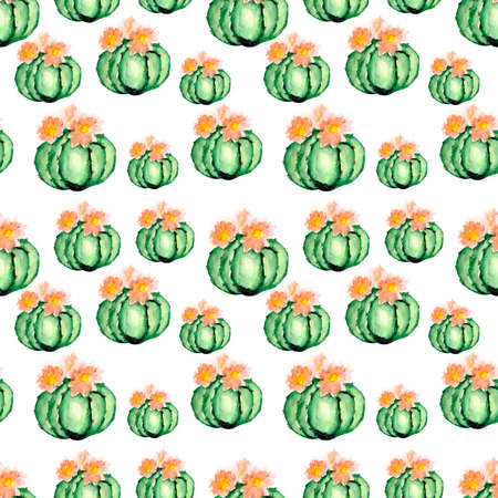 Seamless pattern with green juicy oval-shaped cacti and delicate pink flowers. Bright desert-themed...