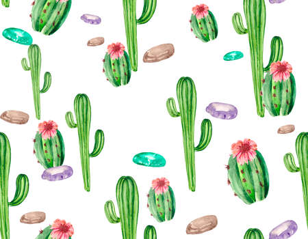 Seamless holiday pattern with green cacti, multicolored stones and pink flowers. Delicious...