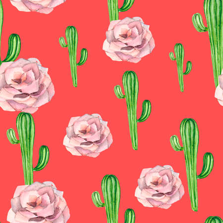 Seamless pattern with green cactus and pink stone flower of delicate flowers on a bright scarlet background. Watercolor background for textiles, Wallpaper, bed linen and packaging.の写真素材