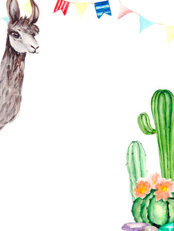 A holiday card with green flowering cacti, colorful flags and a cute Alpaca. Watercolor drawing with space for text for invitations, banners, posters, and stationery.の写真素材