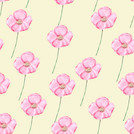 Seamless pattern with pink wildflowers on a light background. Watercolor drawing for textiles, packaging, Wallpaper and backgrounds.の写真素材