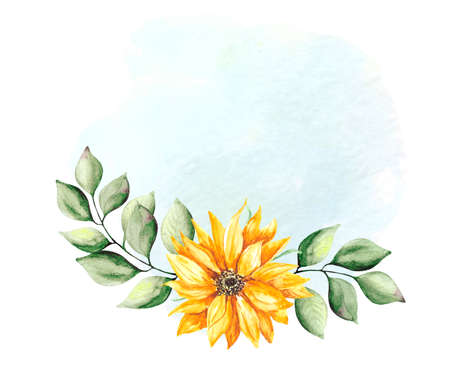 A botanical composition with a bright sunflower flower and green leaves on a blue background. Watercolor colorful drawing for postcards, posters and design of botanical illustrations.の写真素材