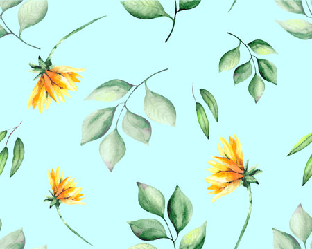 Botanical background with yellow sunflower flowers and green leaves on a white background. Watercolor seamless pattern for textiles, wallpaper, packaging and bed linen.の写真素材