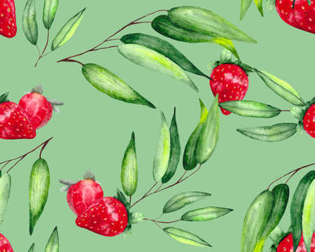 Seamless pattern with green eucalyptus leaves and ripe strawberries. Watercolor bright drawing for textiles, wallpaper, packaging and bed linen.の写真素材