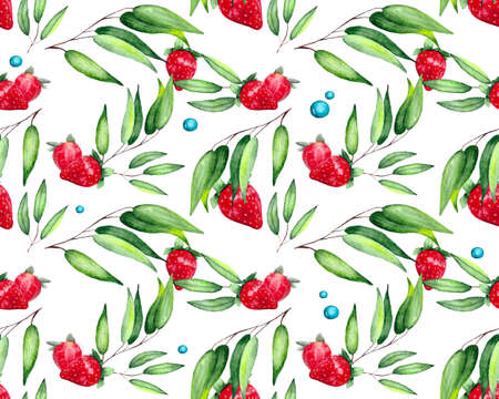 Seamless pattern with green eucalyptus leaves, drops and ripe strawberries. Watercolor bright drawing for textiles, wallpaper, packaging and bed linen.の写真素材