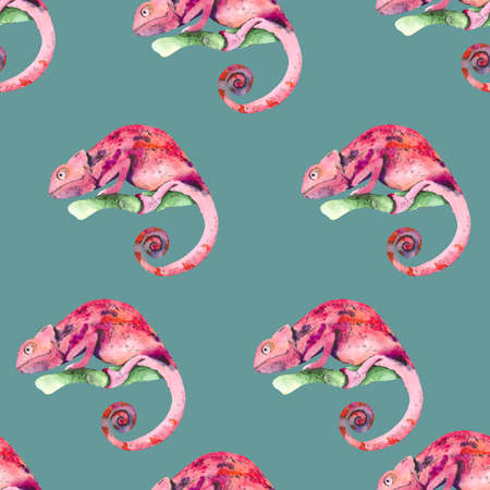 Seamless pattern with pink chameleons. Watercolor bright background for textiles, wallpaper, packaging, diapers and children's clothing.の写真素材