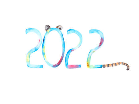 Watercolor figures of the new year 2022, isolated on a white background with tiger ears and tail.の写真素材