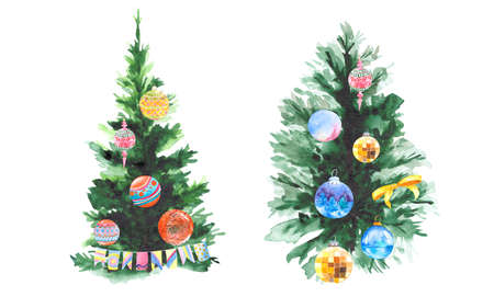 A collection of Christmas trees decorated with balloons, a bow and flags, isolated on a white background. Watercolor drawing for postcard design.の写真素材