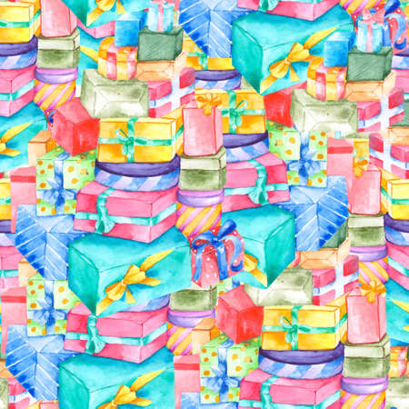 Seamless pattern with a mountain of colorful gifts. Watercolor bright background for the design of postcards and festive packaging.の写真素材