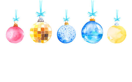 Christmas collection of colorful Christmas tree balls isolated on a white background. Watercolor decorations for the design of holiday cards.の写真素材
