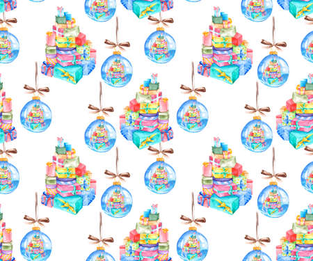 Seamless pattern with a mountain of colorful gifts and a glass Christmas ball. Watercolor bright background for the design of postcards and festive packaging.の写真素材