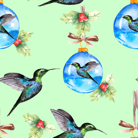 Christmas seamless pattern with holly, glass balls and hummingbirds. Festive background for textiles, wallpaper and packaging.の写真素材