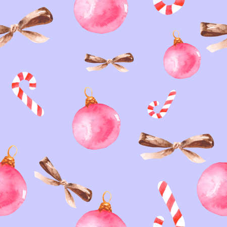 Christmas seamless pattern with Christmas tree toy, caramel stick and brown bow. Festive background for textiles, wallpaper and packaging.の写真素材