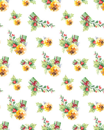 Seamless pattern with a gift, holly, Christmas tree toy and a green branch with red berries. Christmas background for textiles, wallpaper and holiday packaging.の写真素材