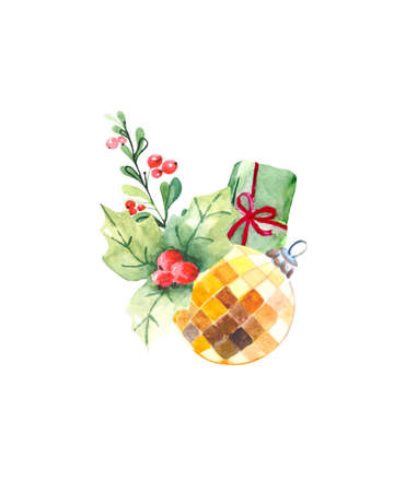Christmas composition with a Christmas tree toy, gift, holly and red berries on a white background. A festive bouquet for the decoration of postcards and invitations.の写真素材