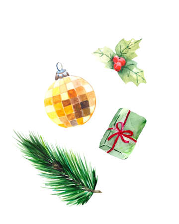 A collection of Christmas elements for the decor of holiday cards and illustrations isolated on a white background.の写真素材