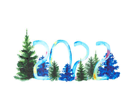 A festive composition with big numbers 2022 and green and blue Christmas trees on a white...