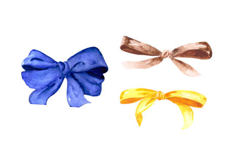 A collection of gift bows made of fabric, isolated on a white background. Watercolor drawing for the design and decoration of postcards.の写真素材