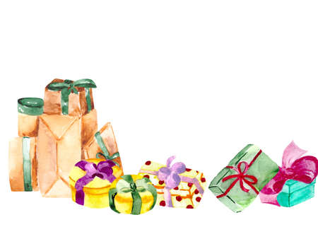 Christmas gift boxes isolated on a white background. Festive watercolor greeting card with space for text.の写真素材