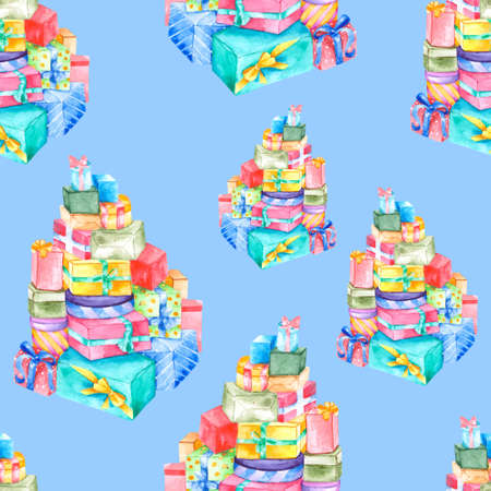 Seamless pattern with a mountain of colorful gifts. Watercolor bright background for the design of postcards and festive packaging.の写真素材
