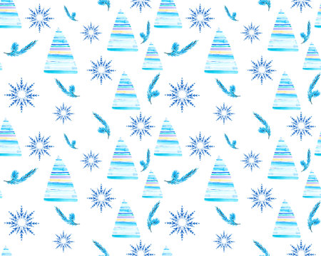 Seamless Christmas pattern with blue Christmas trees, fluffy branches and beautiful snowflakes for textile design, wallpaper and festive packaging.の写真素材