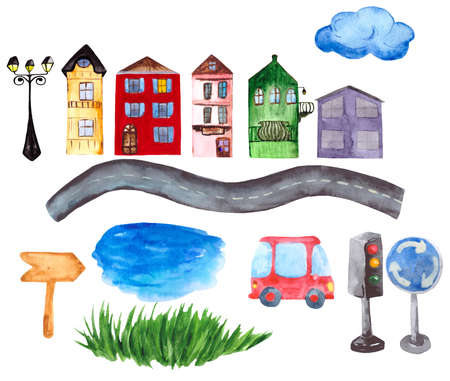 Road, houses, car, grass, lake, traffic lights and road signs. A collection of watercolor elements isolated on a white background for creative illustrations and pictures about travel and cities.の写真素材