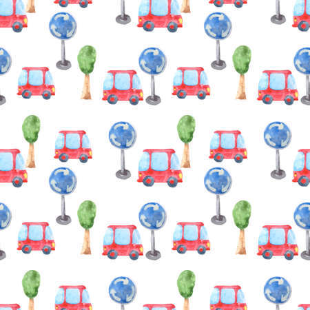 Seamless pattern with a small red car, a road sign and a tree. Watercolor background for textile design, wallpaper, packaging or baby bedding.の写真素材