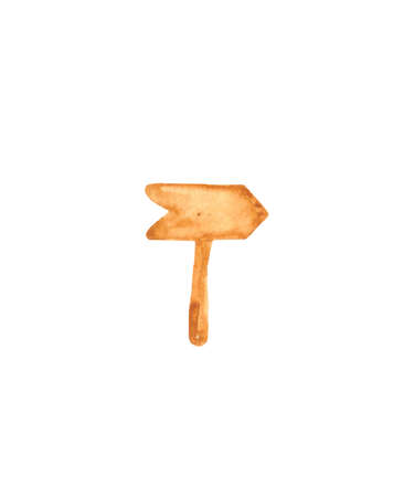 Wooden arrow pointer isolated on white background. Watercolor road sign, hand-painted.