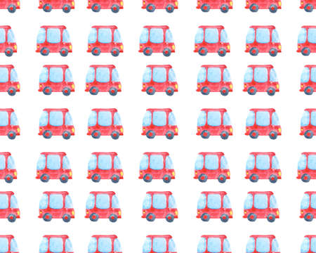Seamless pattern with a red little car. Watercolor background for textile design, wallpaper, packaging or baby bedding.の写真素材