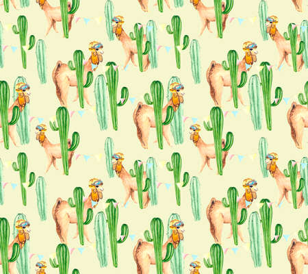 Seamless holiday pattern with cute alpacas, green cacti and a garland of colorful flags. Fun...