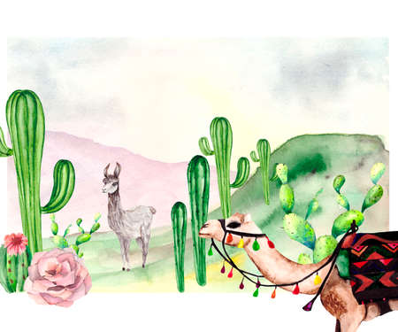 Art postcard depicting a green valley with cactus, camel, Alpaca, pink flowers, horizon and hills of mountains in the distance. Watercolor illustration about nature and travel with space for text.の写真素材