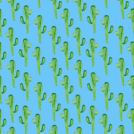 Seamless pattern with green juicy cacti on a blue background. Bright desert-themed illustration for Botanical backgrounds, textiles, Wallpaper, packaging, bedding, and stationery.の写真素材