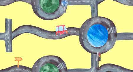 Seamless pattern with roadbed, green lawn, lake, red car, traffic light and road signs. Watercolor...
