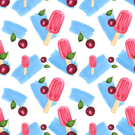 Watercolor background with ice cream on sticks and fresh cherry berries. Seamless pattern for bright...