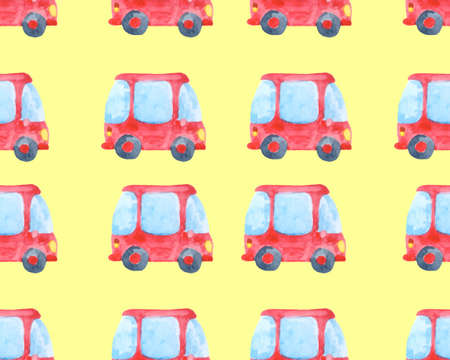 Seamless pattern with a red little car. Watercolor background for textile design, wallpaper, packaging or baby bedding.の写真素材