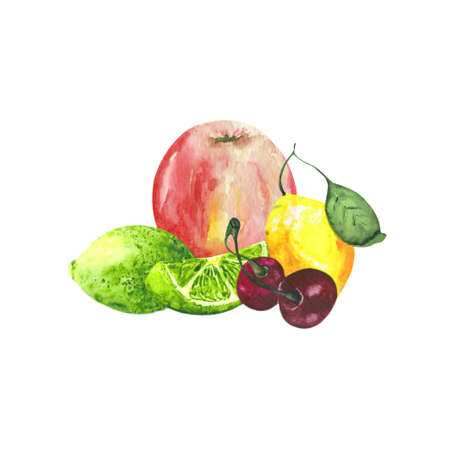 Watercolor composition of fruits and berries isolated on a white background. Apple, lime, lemon and cherry. For the design of postcards, posters, office.の写真素材