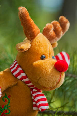 Toy Christmas deer on natural fir branch for decoration close-up, verticalの写真素材
