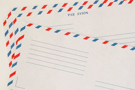 Several classic Airmail Envelope Front. Paper texture. With place your text, background use. Concept of postal development, written correspondence, hobby and businessの写真素材
