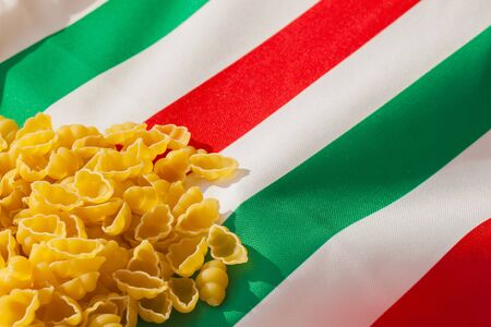 Patriotic Italian pasta with background colored in the colors of national flag. Lots of place for writing text around itの写真素材