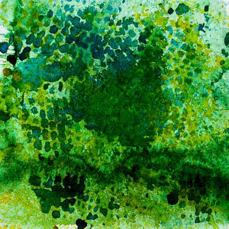 Watercolor abstract background painting, hand drawn on paper grain texture. Green. Square. For modern pattern, wallpaper, banner design.の写真素材