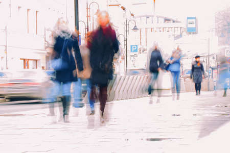 Abstract background. Intentional motion blur. City in the early spring. Street, people walking along the sidewalk, concept shopping, walking, lifestyle. Space, textの写真素材