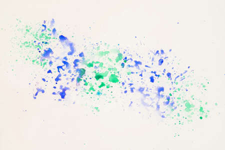 Blue and green cheerful light multicolored spots on white paper, spring shades. Hand draw illustration. Artwork for creative bannerの写真素材