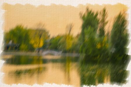 Abstract blurred autumn background, small wooden bridge on lake, evening sunset, city park. Concept autumn nostalgic mood, melancholyの写真素材