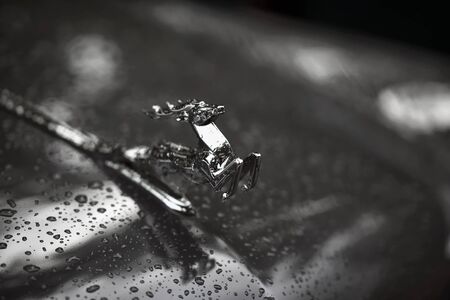 MOSCOW, RUSSIA - AUGUST 26, 2017: Close-up of shiny chrome plated deer on the hood of the retro car GAZ M21 Volga, vintage car, selectiv focus. Retro cars festival. Rainy eveningのeditorial素材