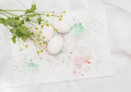 Chicken eggs on album with paint, strokes, spots. and fresh flowers, daisies, light rustic napkin. Concept for Easter, spring, organic food, dieting. Background with copy spaceの写真素材