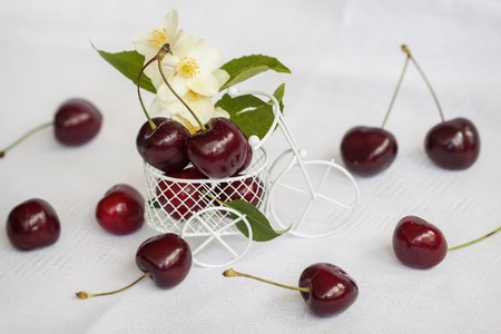 Sweet ripe cherry in truck miniature bike, light background with beryy, flowers, leaves. Concept of healthy food, detox, vitamins, dieting, summerの写真素材